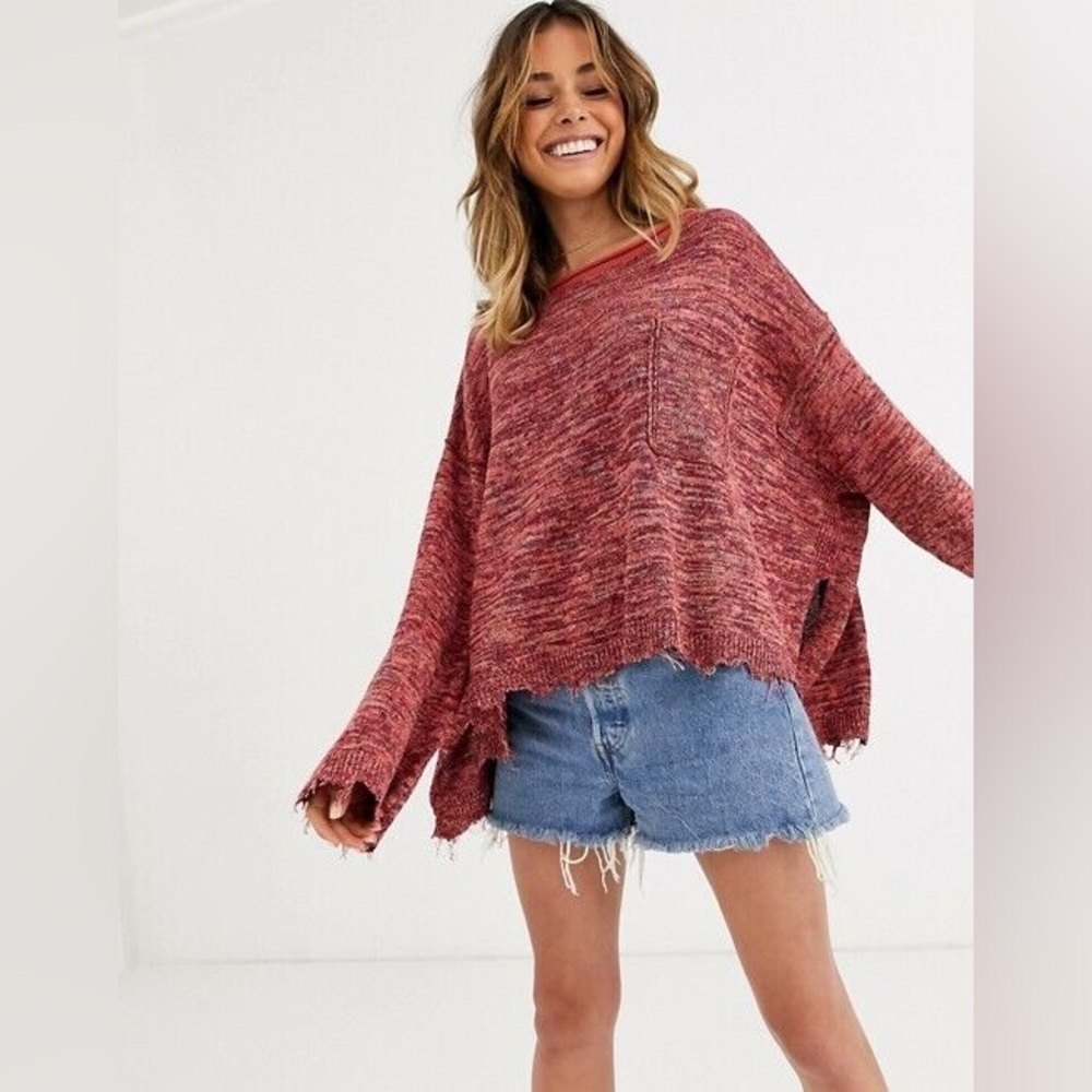 Free People Prism Pullover Sweater Oversized Slouchy Raw Edge Coral Red Size S